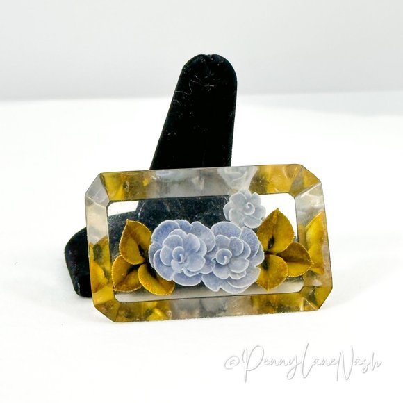Vintage Jewelry - Vintage Acrylic with Set Of Blue Flowers Floral Brooch